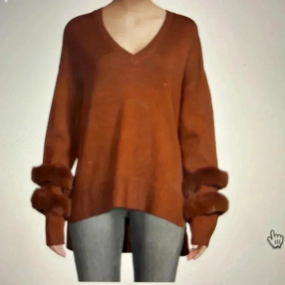 SAKS FIFTH AVE Faux Fur Trim V Neck Sweater  Brown Size S - Picture 1 of 8